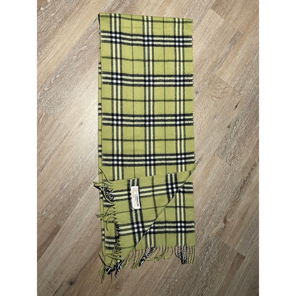 Royal Rossi 100%‎ Cashmere Plaid Scarf Lime Green Black White Check Fringe Trim